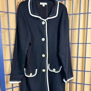 Coldwater Creek Black Longline Jacket White Trim Button Front L Stretch Knit
